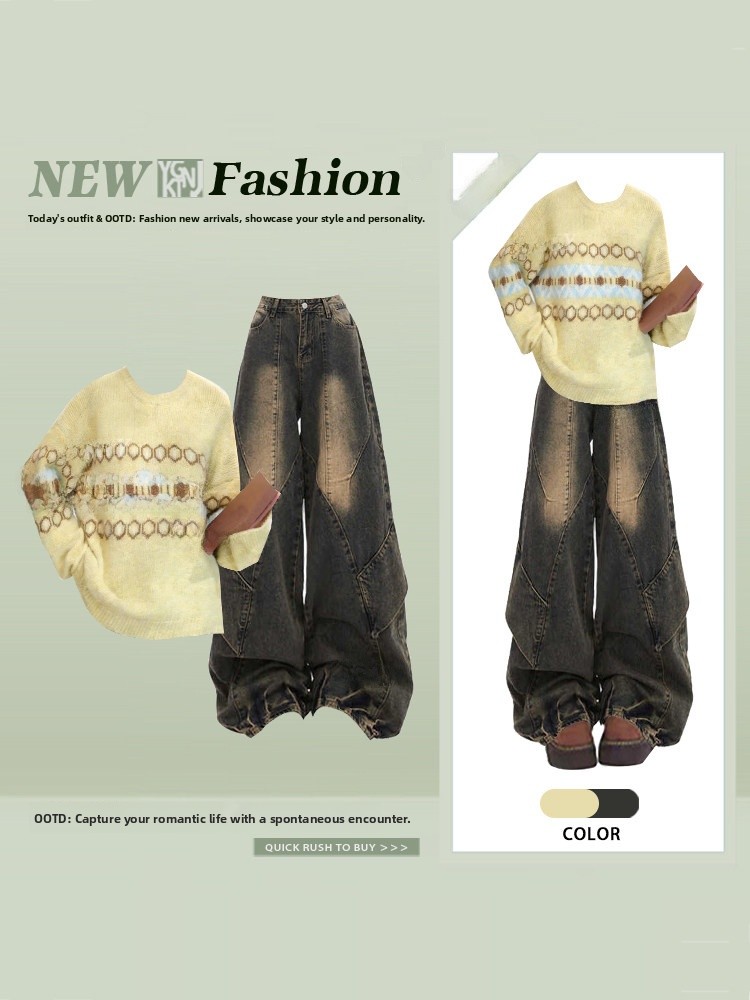 Street Fashion High End - Amerikan Retro Geometrik Sarı Örme Kazak